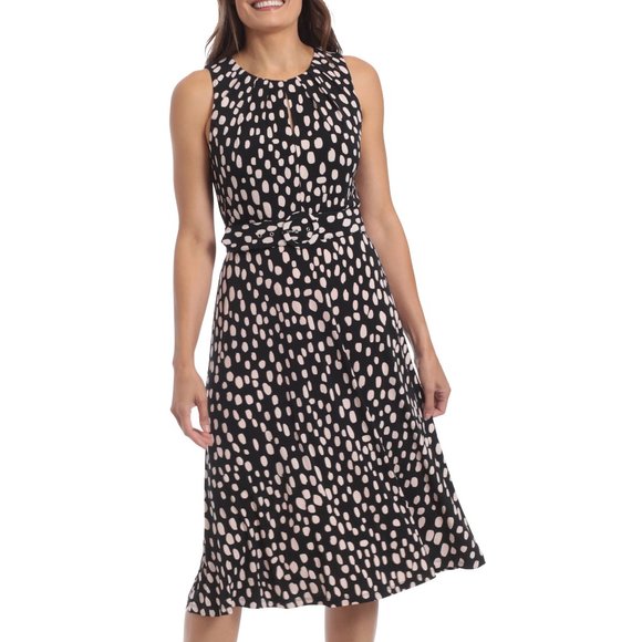 NWT London Times Chalk Dot Belted Keyhole Midi Dress In Black And Pink - Picture 1 of 2